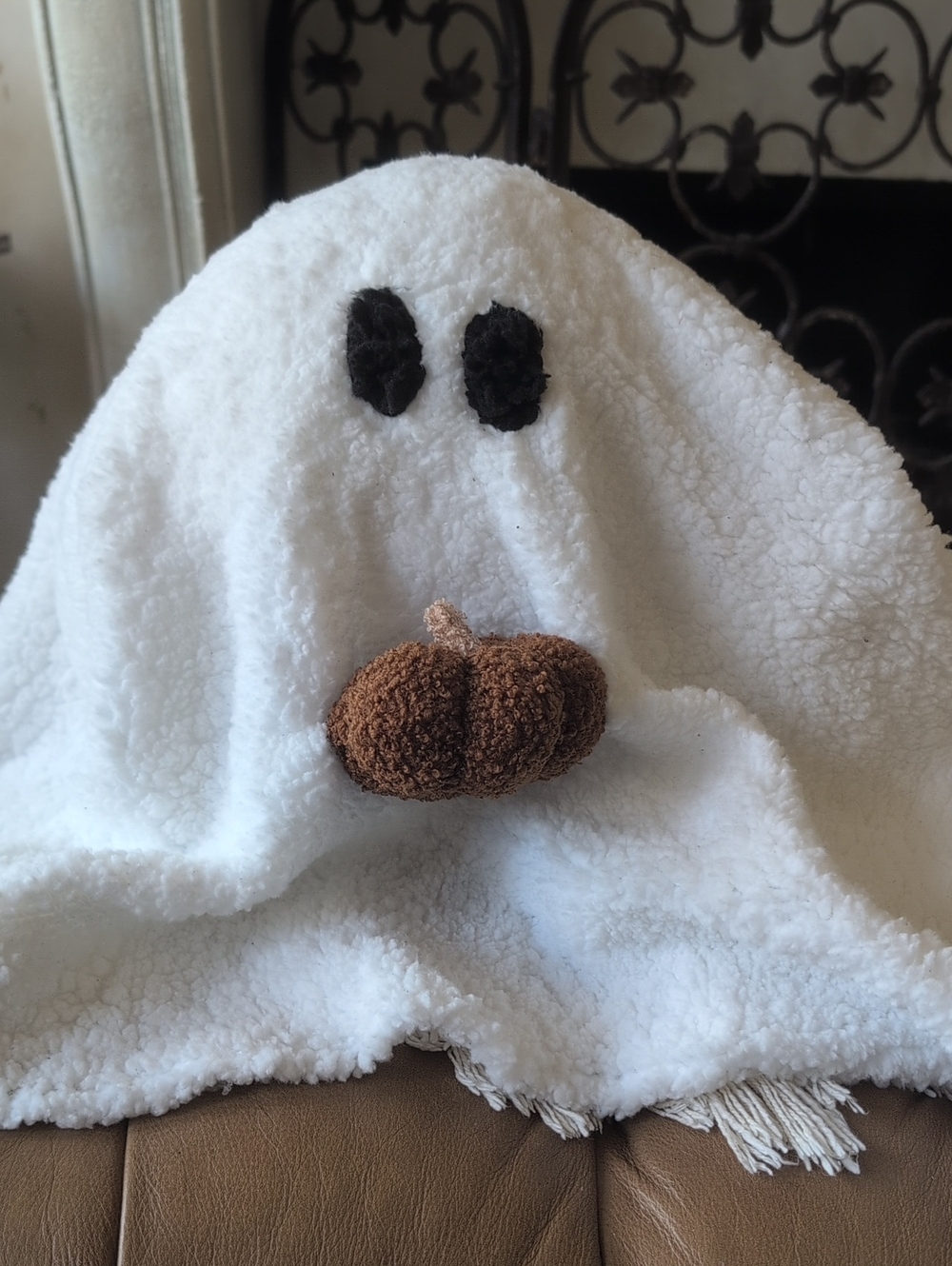 Cozy White Ghost Accent Pillow with Brown Pumpkin